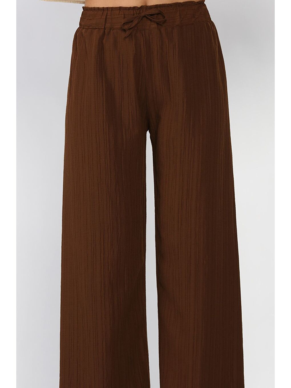 Kahverengi Kadın Bel Lastikli Kendinden Desenli Palazzo Pantolon-3