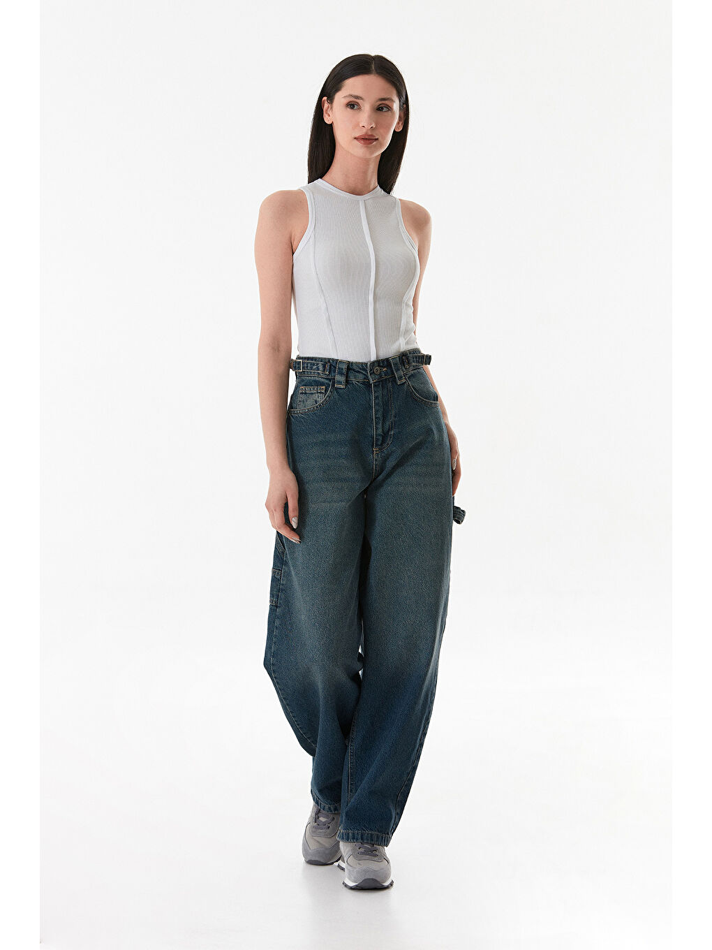 Mavi Yüksek Bel Tokalı Baggy Jean-1