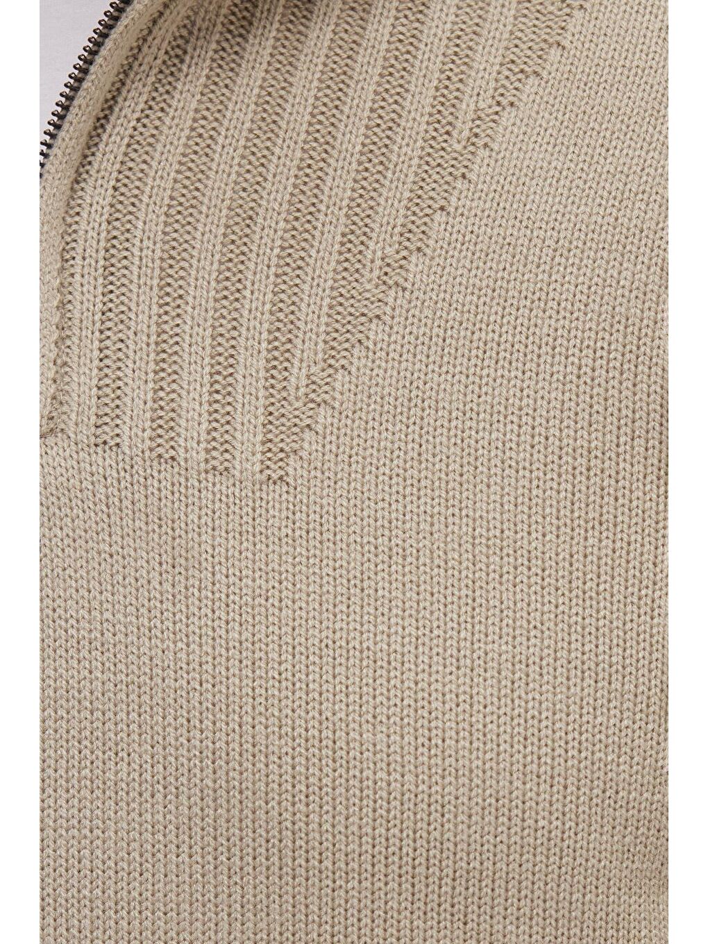 Yeşil Erkek Slim Fit Dar Kesim Armürlü Fermuarlı Taş Dik Yaka Kazak-5