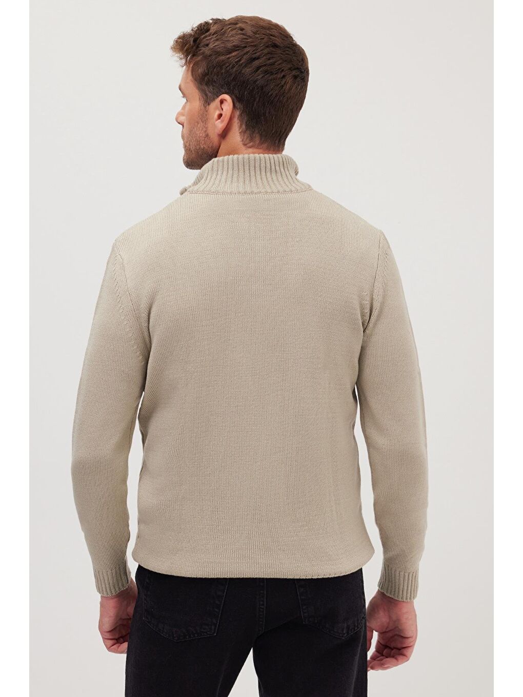 Yeşil Erkek Slim Fit Dar Kesim Armürlü Fermuarlı Taş Dik Yaka Kazak-6