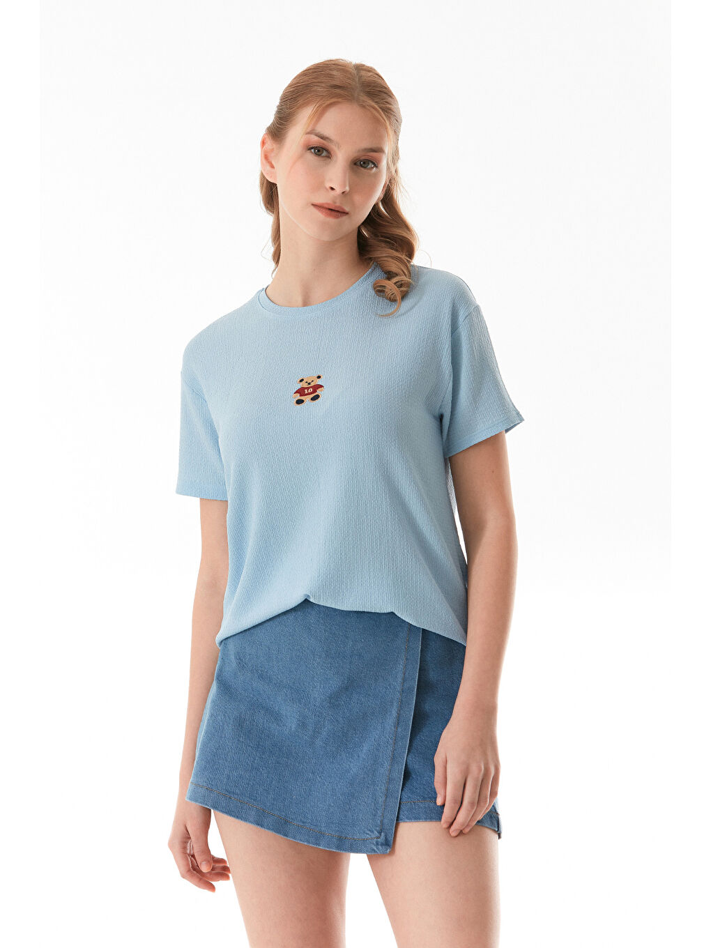 Mavi Ayıcık Nakışlı Bürümcük Kumaş Oversize Tişört-1