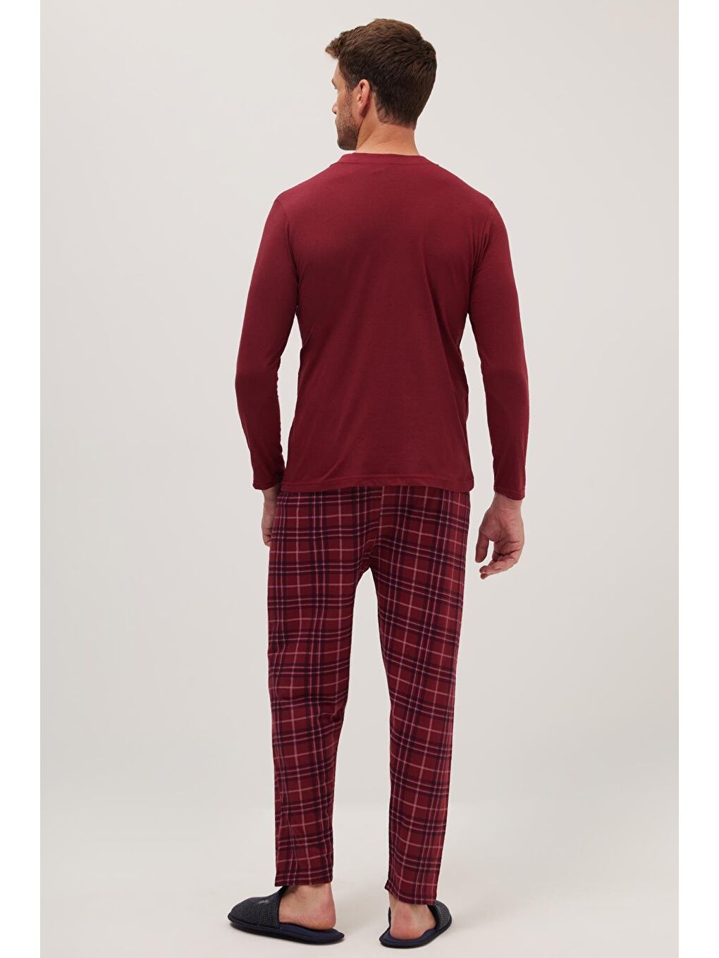 Erkek Regular Fit Pamuklu Düğmeli Yaka Beli Lastikli Desenli Bordo Pijama Takımı-6