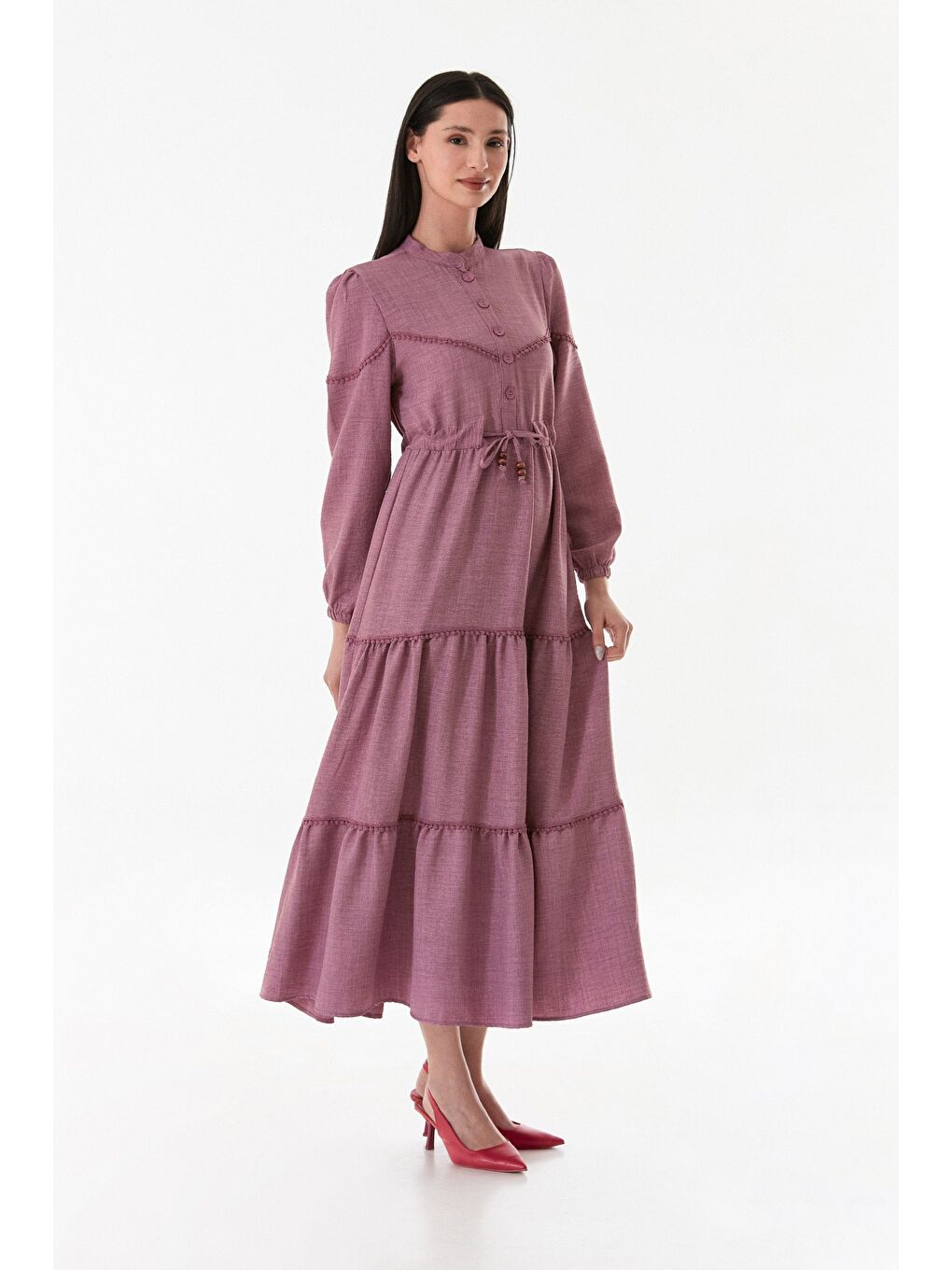 Pembe Fullamodest Beli Bağlamalı Hakim Yaka Elbise-1