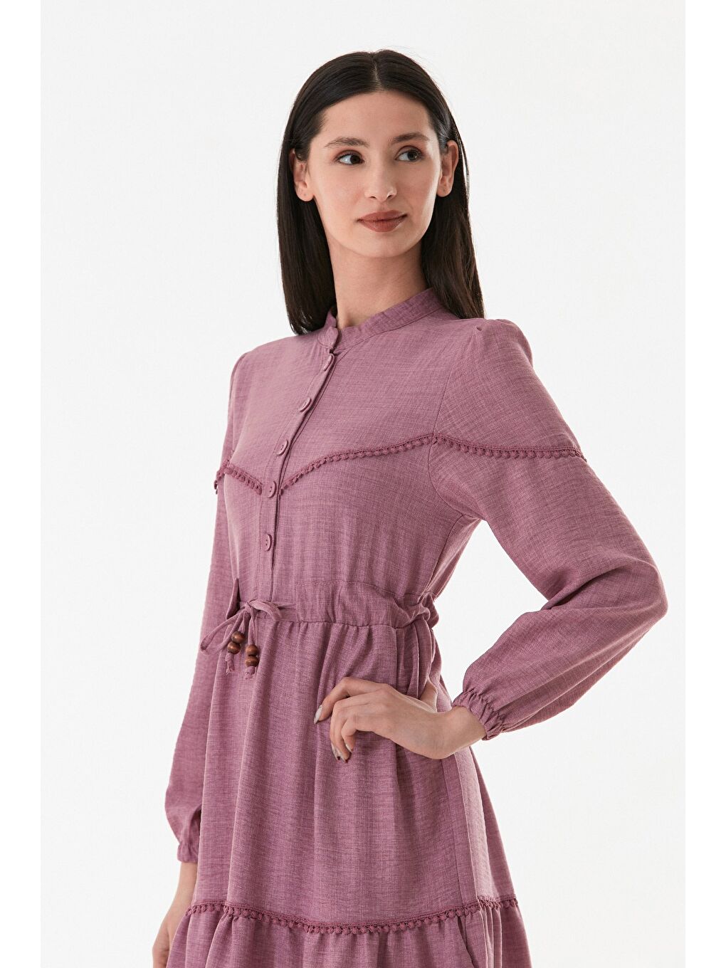 Pembe Fullamodest Beli Bağlamalı Hakim Yaka Elbise-2