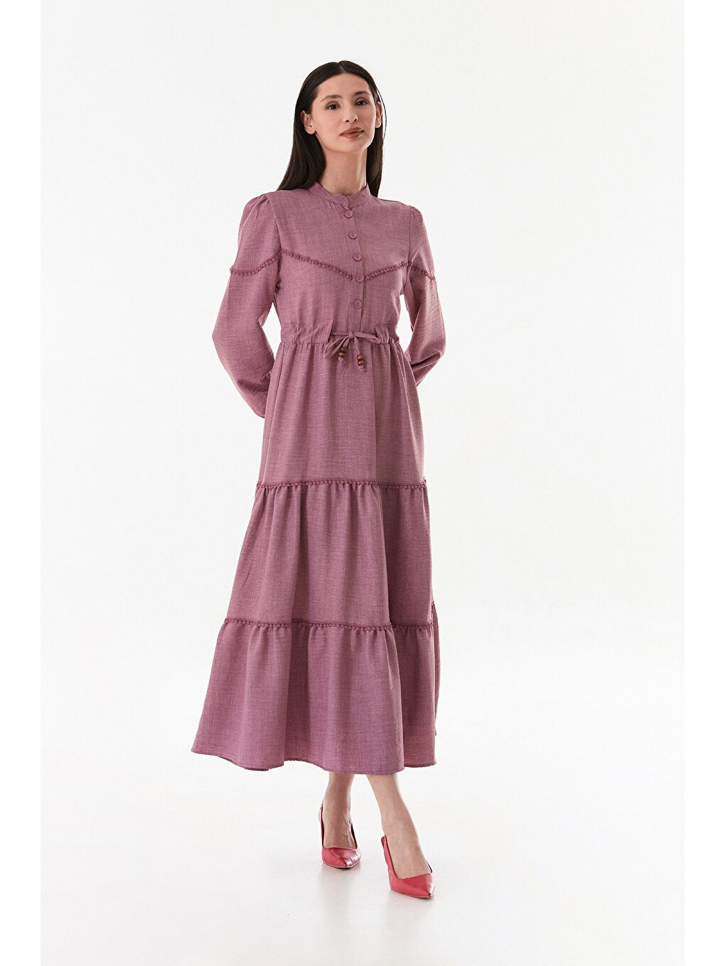 Pembe Fullamodest Beli Bağlamalı Hakim Yaka Elbise-3