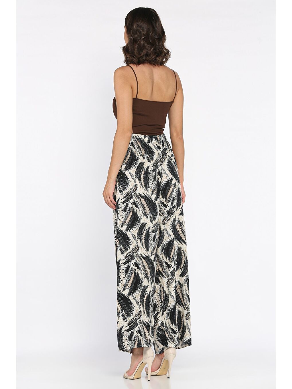 Siyah Kadın Desenli Bel Lastikli Viskon Yürüyüş Pantolonu-2