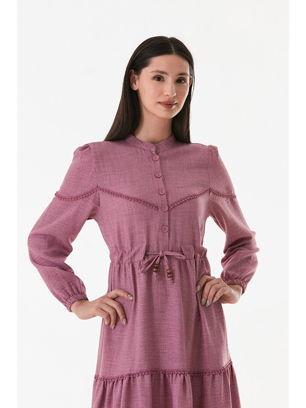 Pembe Fullamodest Beli Bağlamalı Hakim Yaka Elbise-4