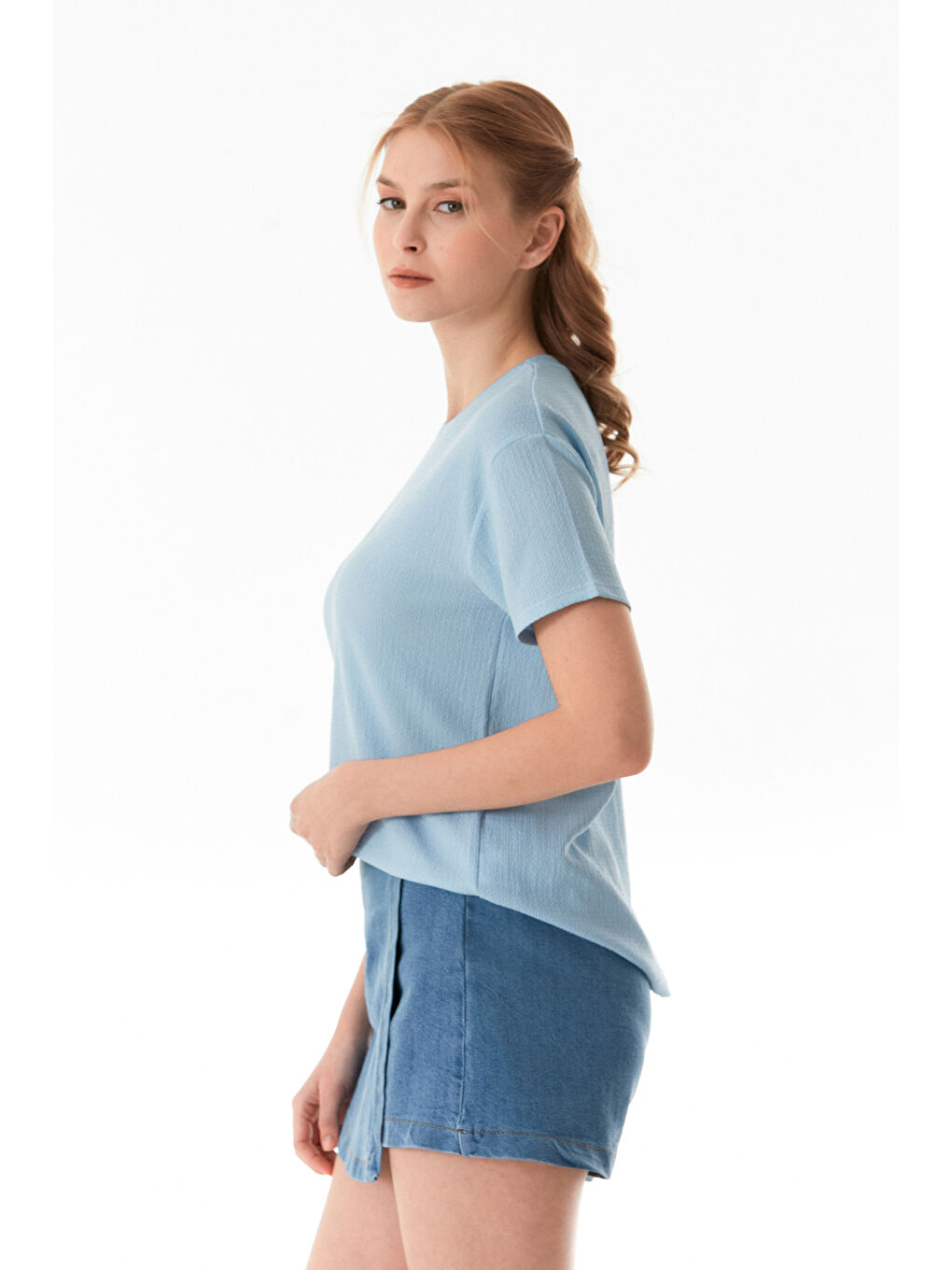 Mavi Ayıcık Nakışlı Bürümcük Kumaş Oversize Tişört-2