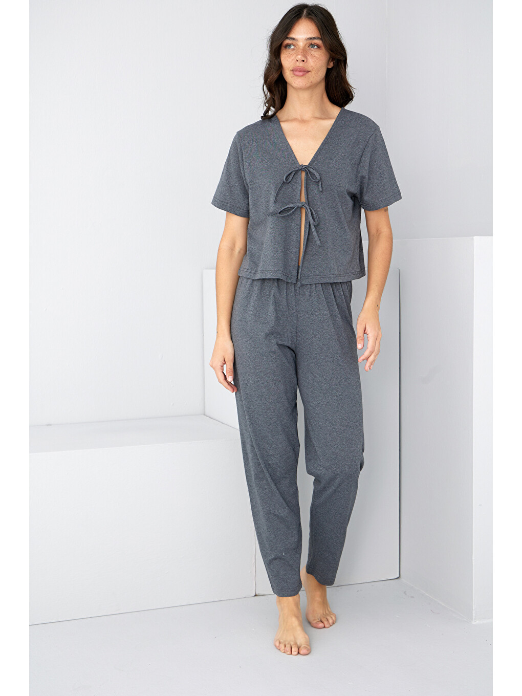 Antrasit Bağlamalı Örme Pijama Takım7889-1