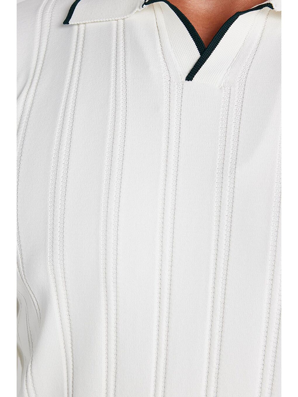 Erkek Slim Fit Dar Kesim Çizgi Detaylı Beyaz Polo Yaka Kazak-2