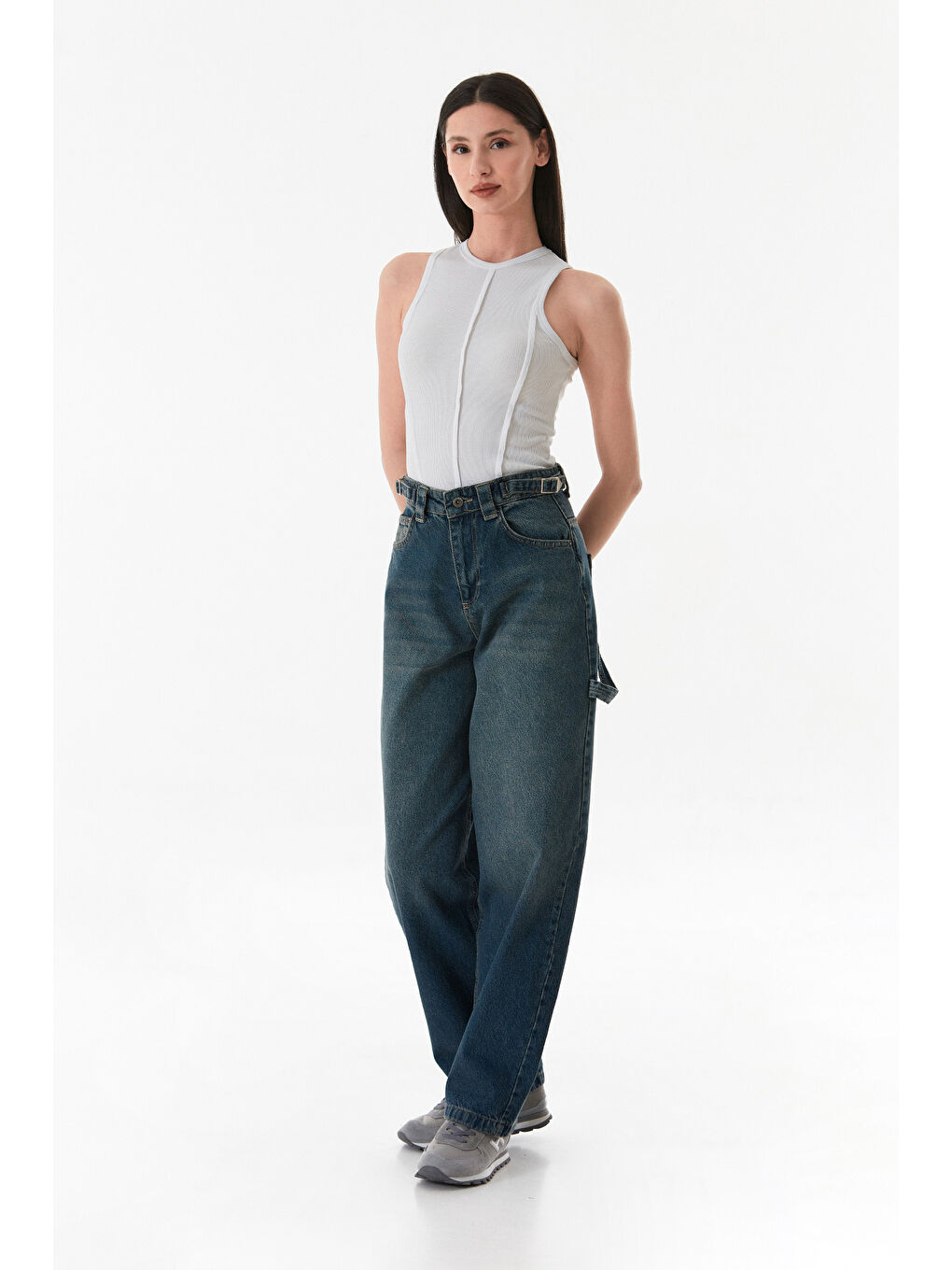 Mavi Yüksek Bel Tokalı Baggy Jean-3