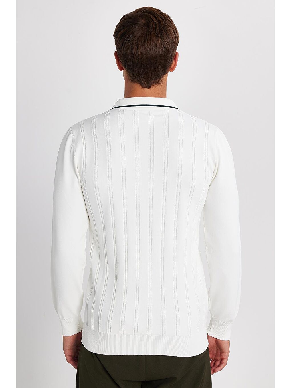 Erkek Slim Fit Dar Kesim Çizgi Detaylı Beyaz Polo Yaka Kazak-4