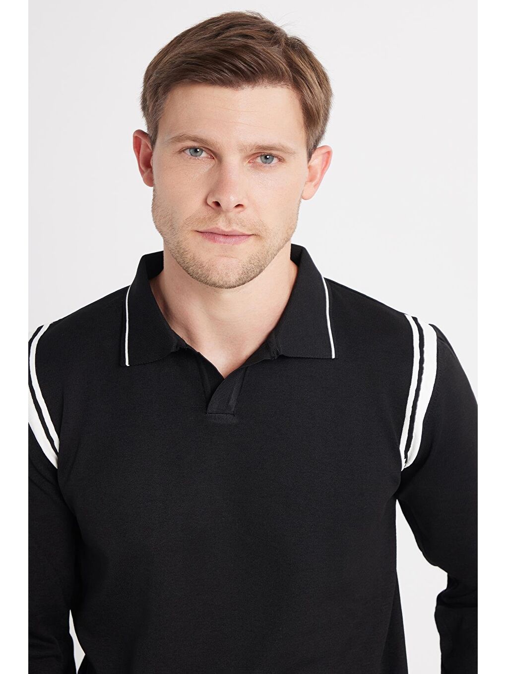 Erkek Slim Fit Dar Kesim Uzun Kol Polo Yaka Çizgili Siyah Kazak-1