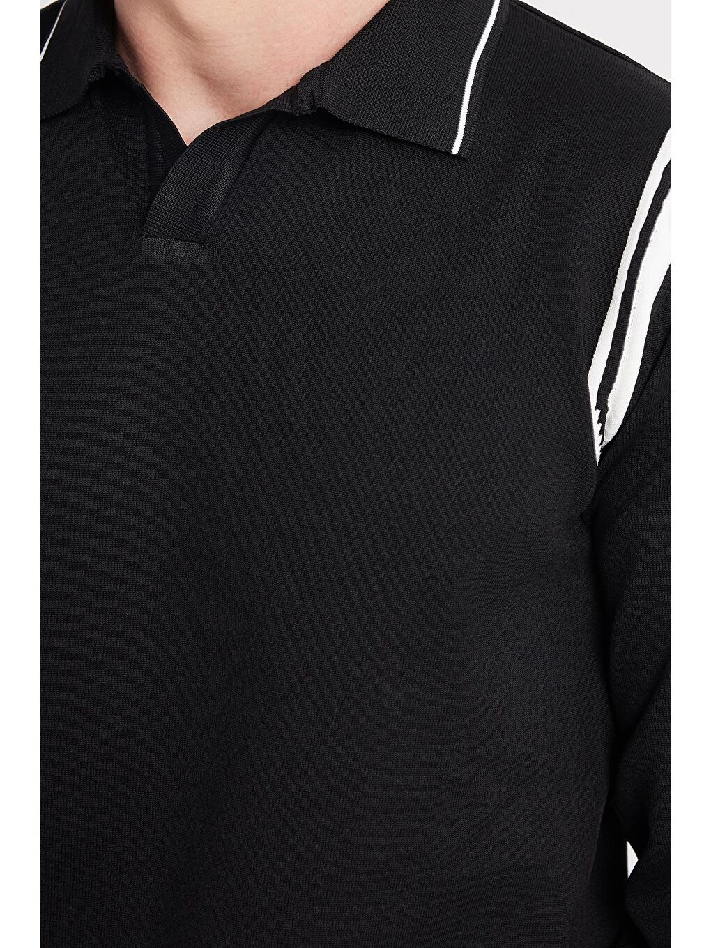 Erkek Slim Fit Dar Kesim Uzun Kol Polo Yaka Çizgili Siyah Kazak-2