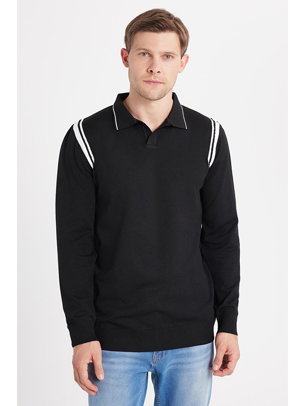 Erkek Slim Fit Dar Kesim Uzun Kol Polo Yaka Çizgili Siyah Kazak-3