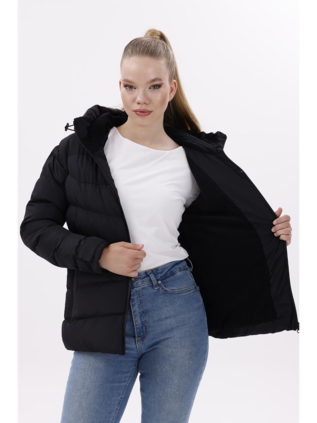 Siyah Kadın Kapüşonlu Polarlı Kürklü Su Geçirmez Rüzgara Dayanıklı Şişme Mont Kaban Parka-3