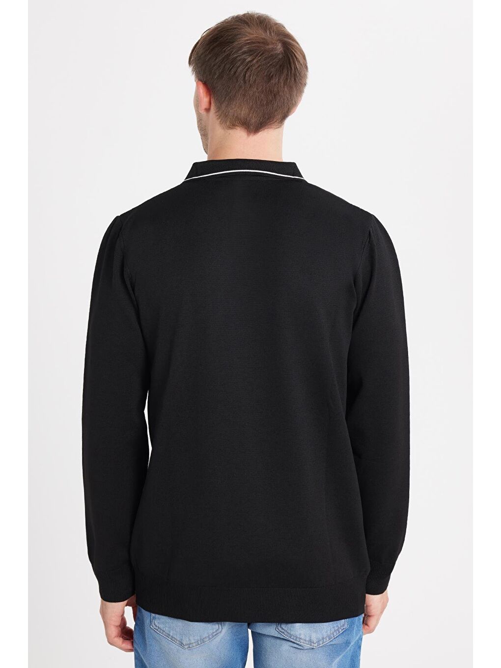 Erkek Slim Fit Dar Kesim Uzun Kol Polo Yaka Çizgili Siyah Kazak-4