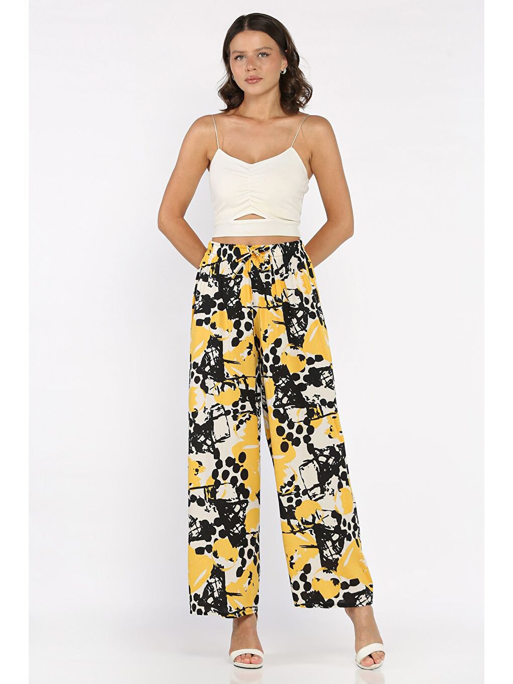 Sarı Kadın Desenli Viskon Yürüyüş Pantolonu-1