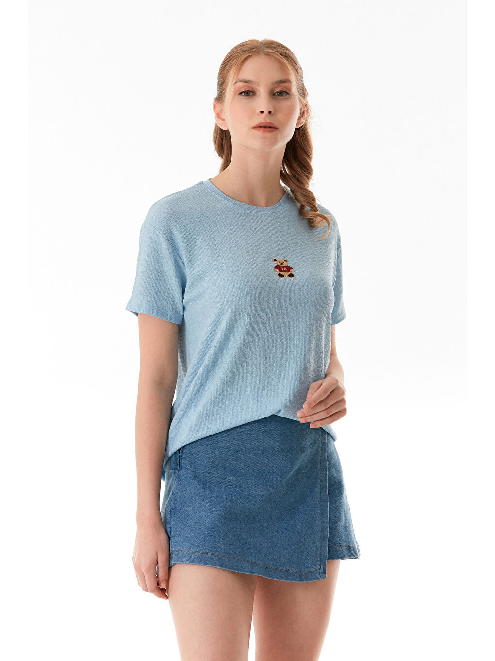 Mavi Ayıcık Nakışlı Bürümcük Kumaş Oversize Tişört-4