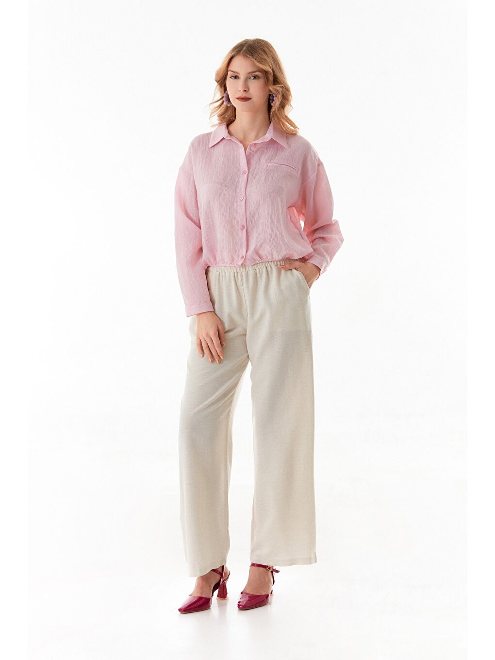 Pembe Basic Beli Lastikli Cep Detaylı Gömlek-1