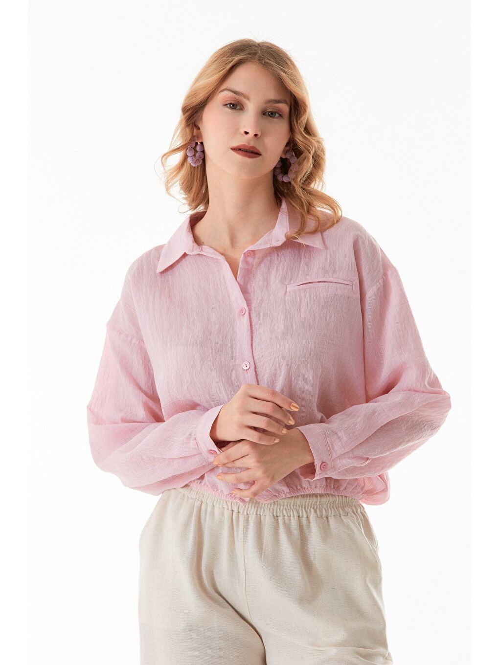 Pembe Basic Beli Lastikli Cep Detaylı Gömlek-2