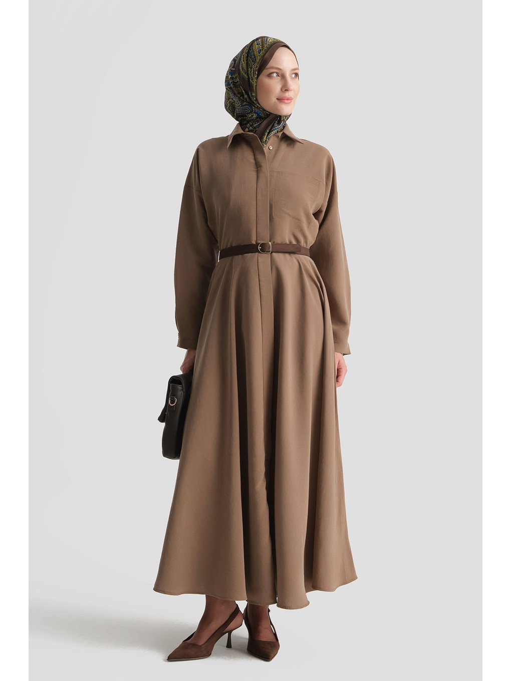 Kahverengi Kloş Etekli Elbise Kahve-1
