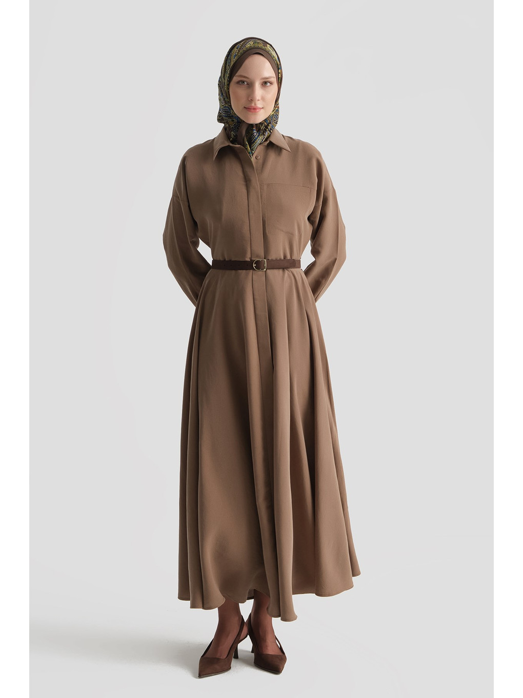 Kahverengi Kloş Etekli Elbise Kahve-2