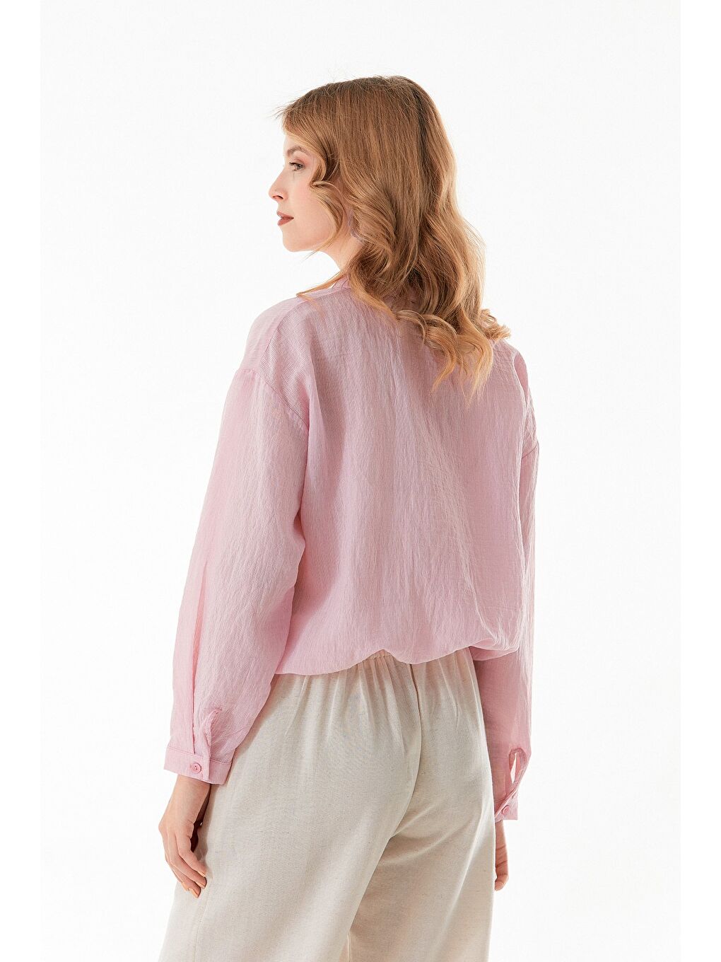 Pembe Basic Beli Lastikli Cep Detaylı Gömlek-4