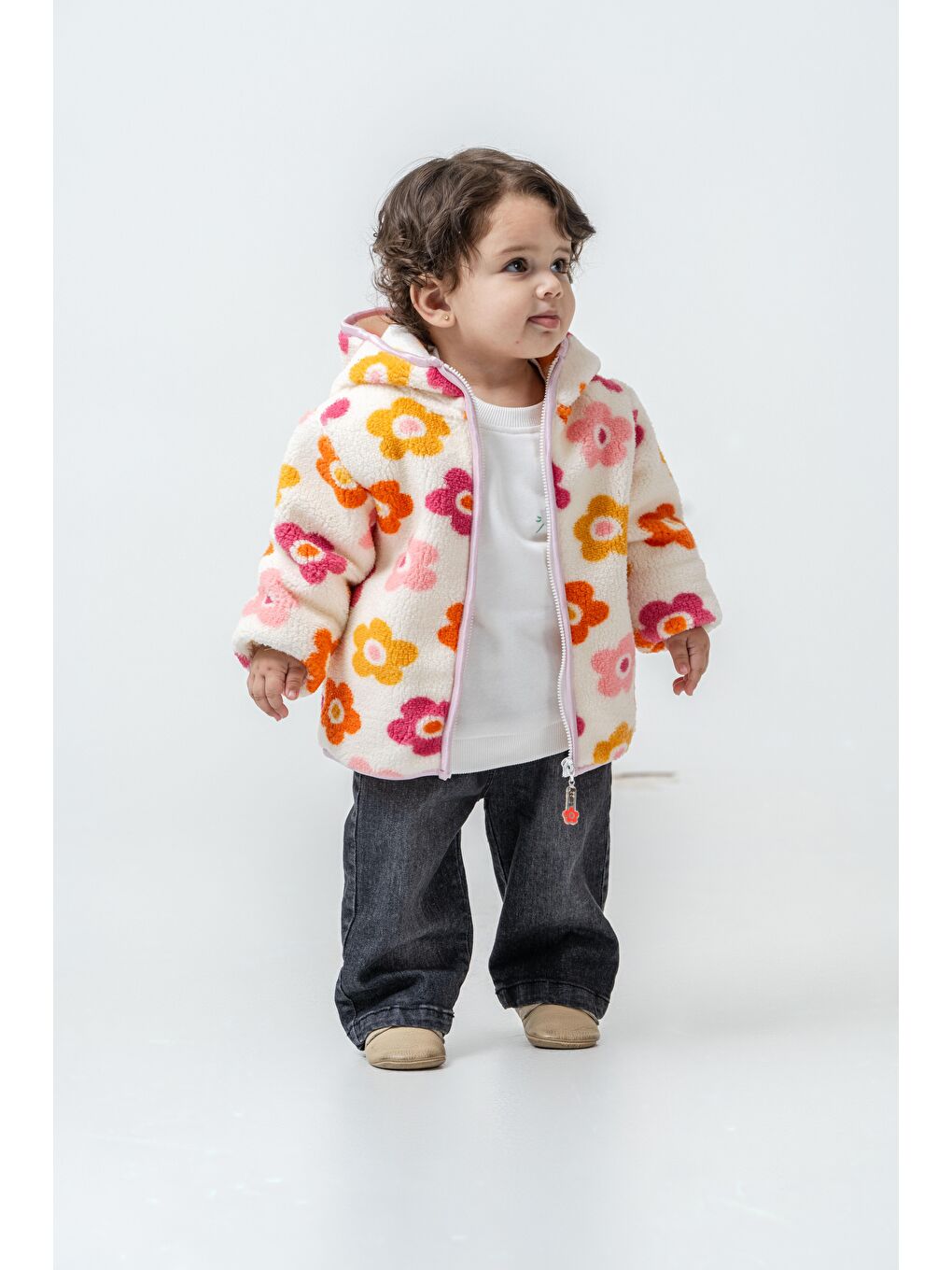 Karışık Çocuk Pamuklu Çiçek Desenli Kapüşonlu Fermuarlı Mont - Renkli Polar Dış Giyim-4