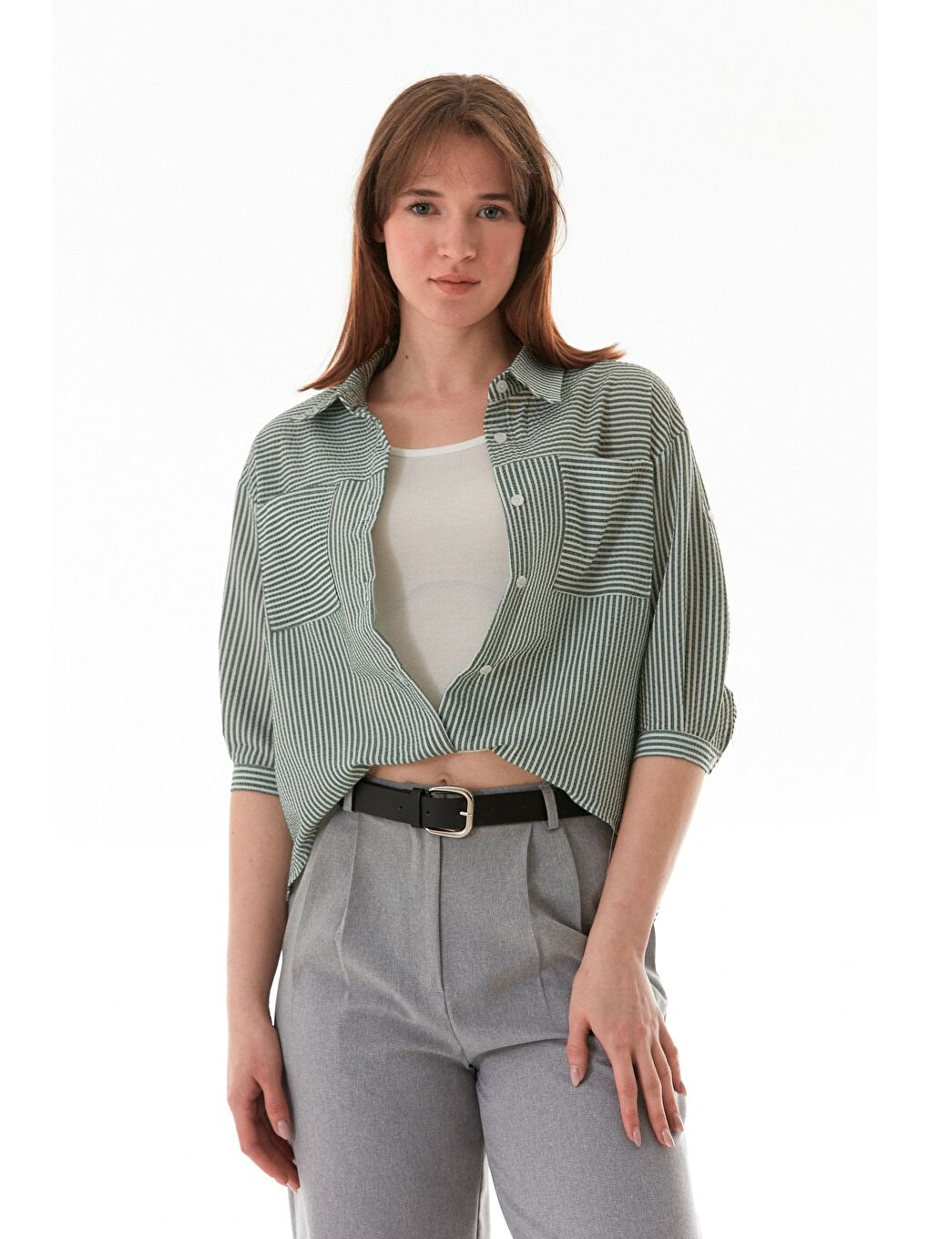 Yeşil Çizgili Body Detaylı Çift Cepli Crop Gömlek