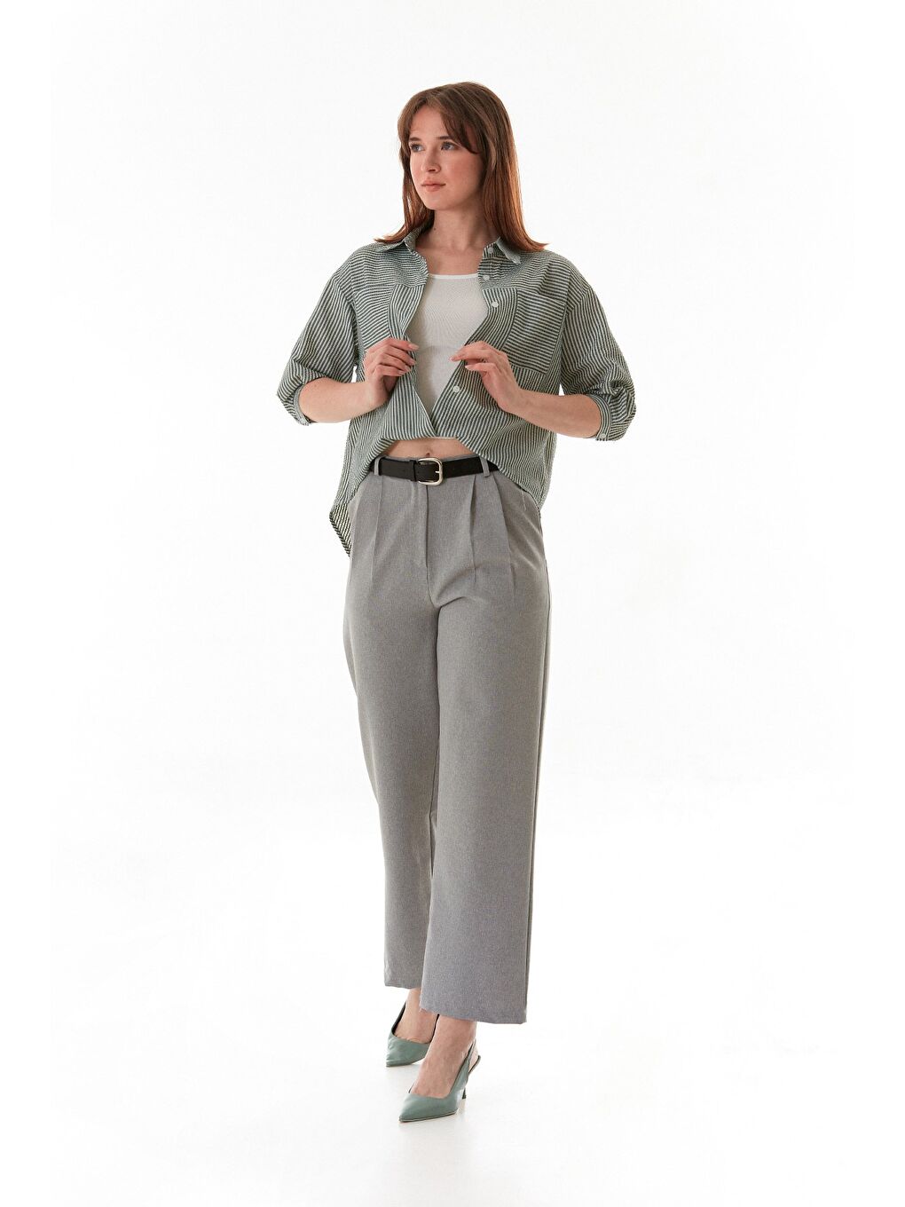 Yeşil Çizgili Body Detaylı Çift Cepli Crop Gömlek-1