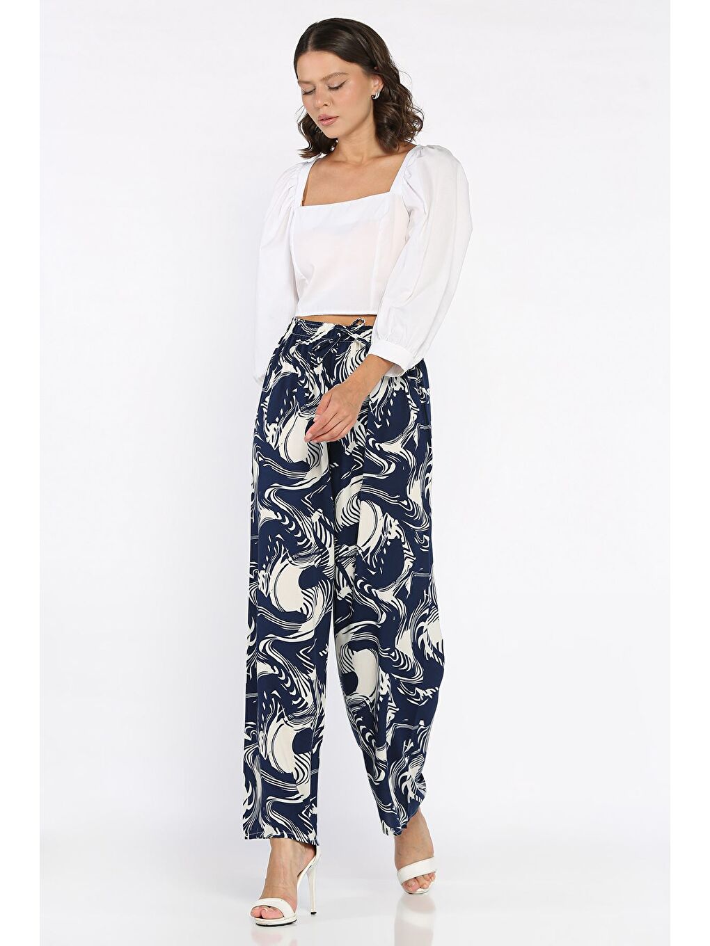 Lacivert Desenli Bel Lastikli Viskon Yürüyüş Pantolonu-1