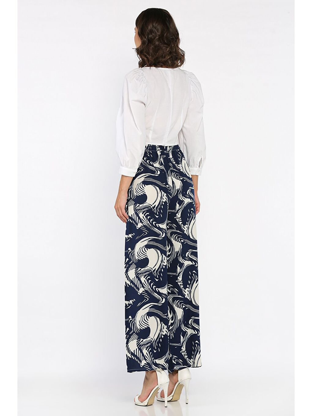 Lacivert Desenli Bel Lastikli Viskon Yürüyüş Pantolonu-2