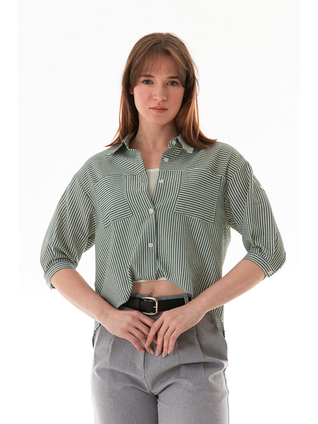 Yeşil Çizgili Body Detaylı Çift Cepli Crop Gömlek-4