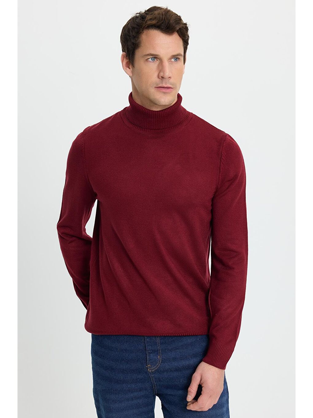 Erkek Slim Fit Dar Kesim Yumuşak Dokulu Tüylenmeyen Bordo Tam Balıkçı Yaka Triko Kazak-5