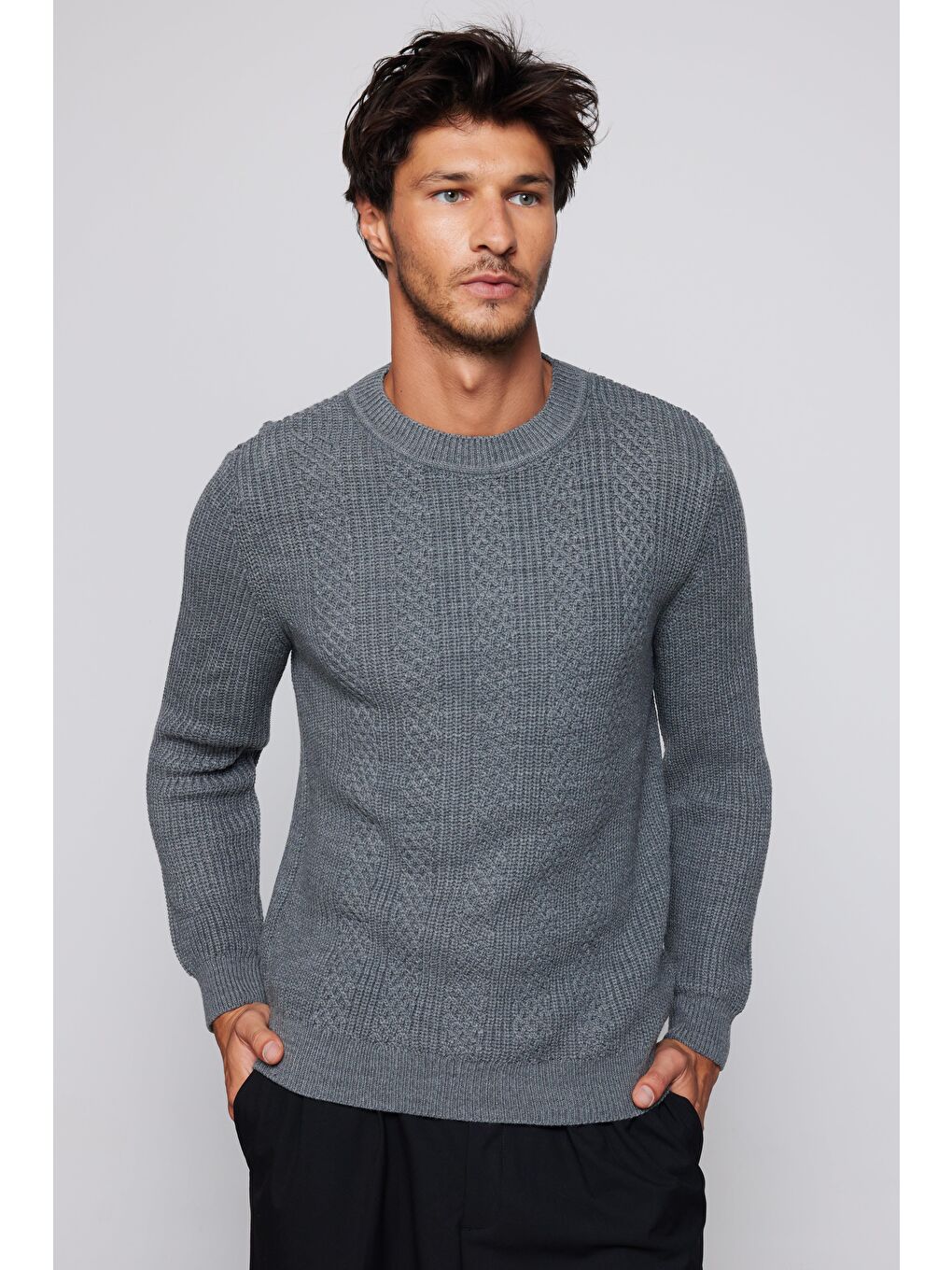 Erkek Slim Fit Bisiklet Yaka Desenli Gri Triko Kazak-2