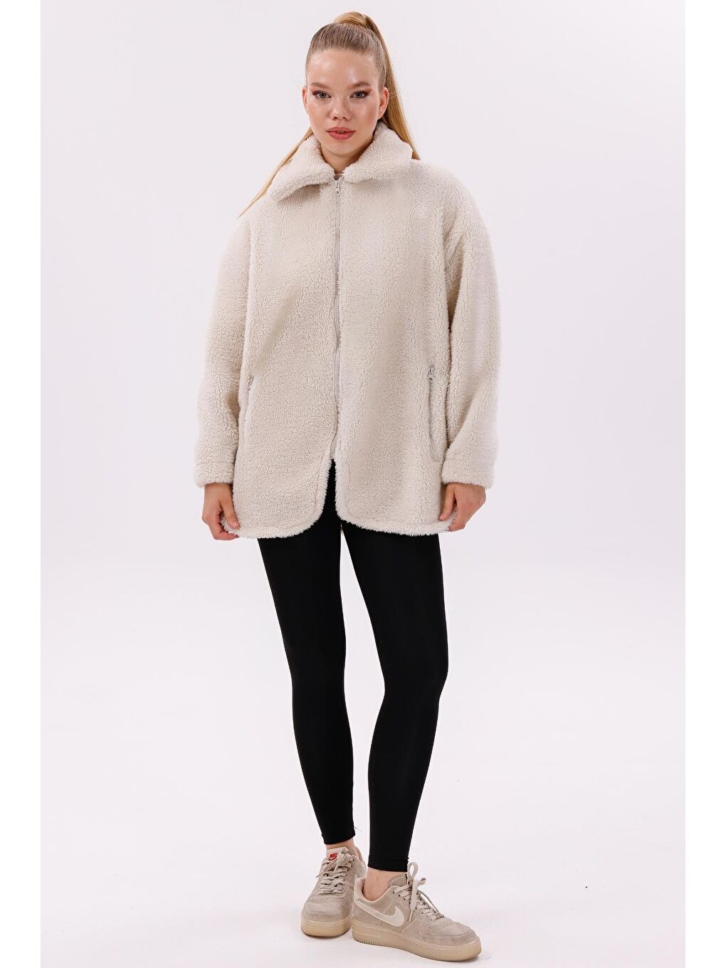 Ekru Kadın Pelüş Rüzgar Geçirmez Welsoft Çift Kışlık Mont Kaban-4