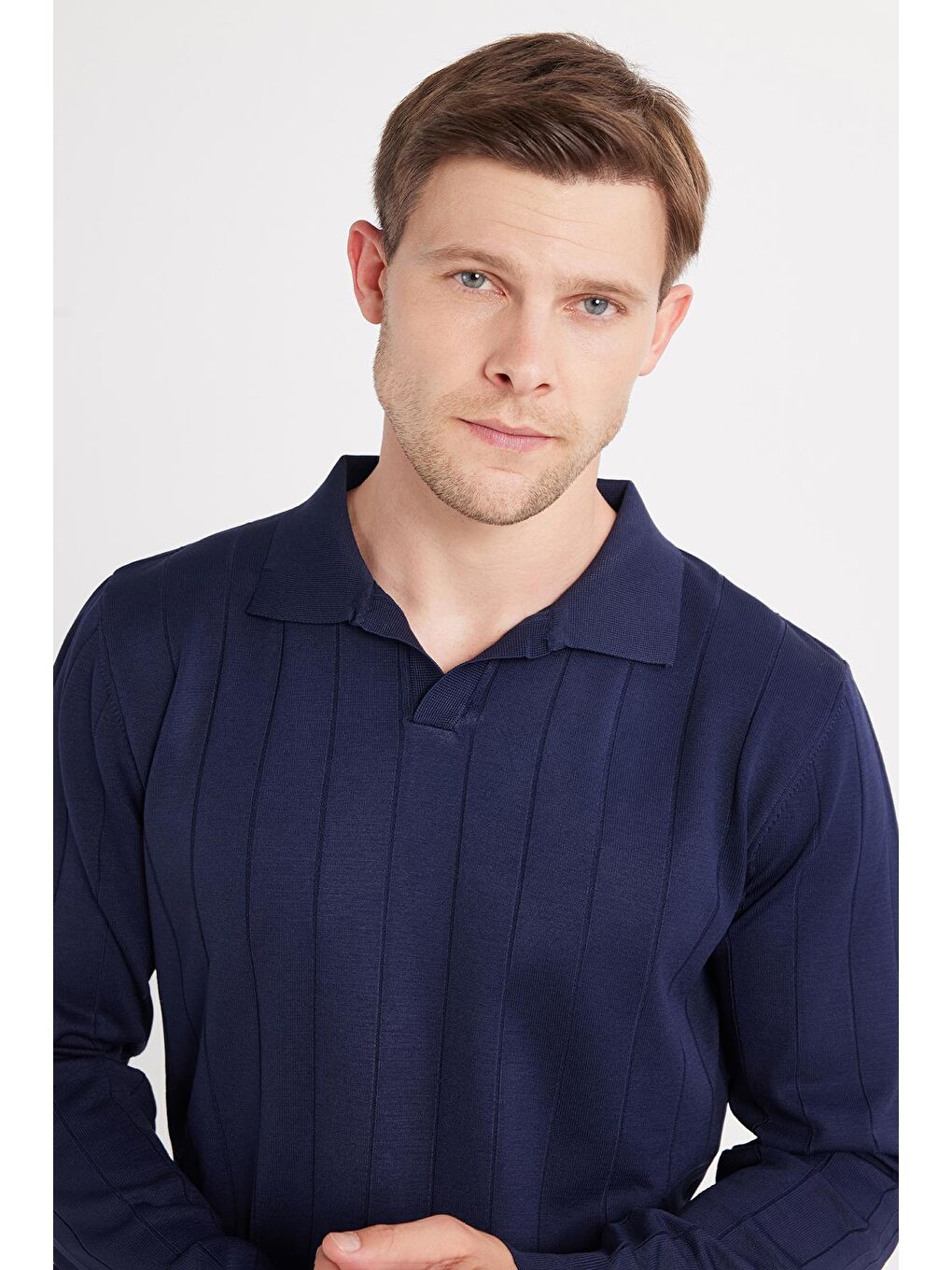 Erkek Slim Fit Dar Kesim Uzun Kol Polo Yaka Çizgili Lacivert Kazak-1