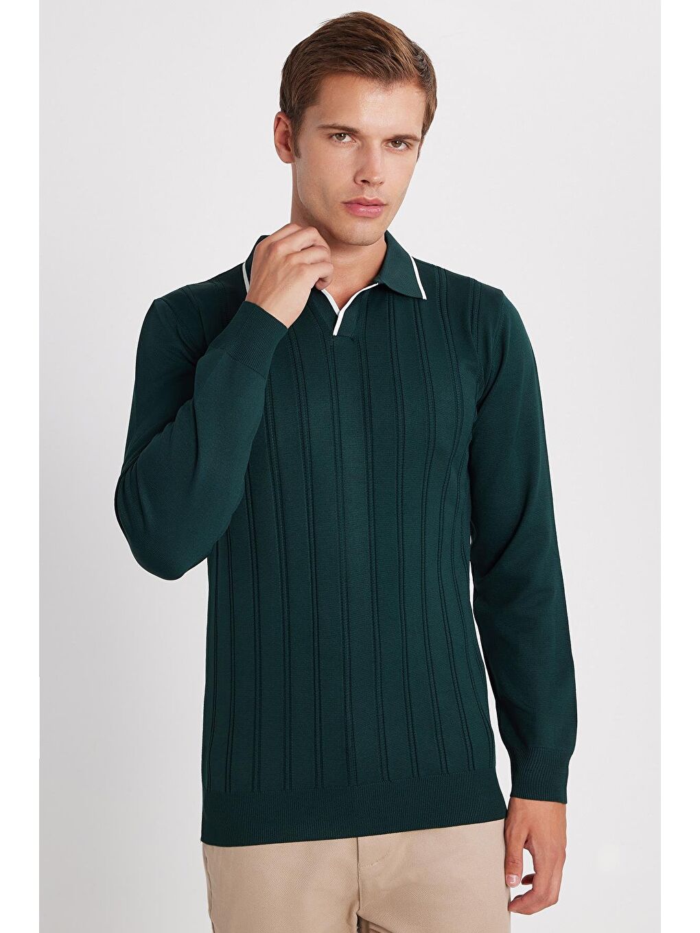 Erkek Slim Fit Dar Kesim Çizgi Detaylı Yeşil Polo Yaka Kazak