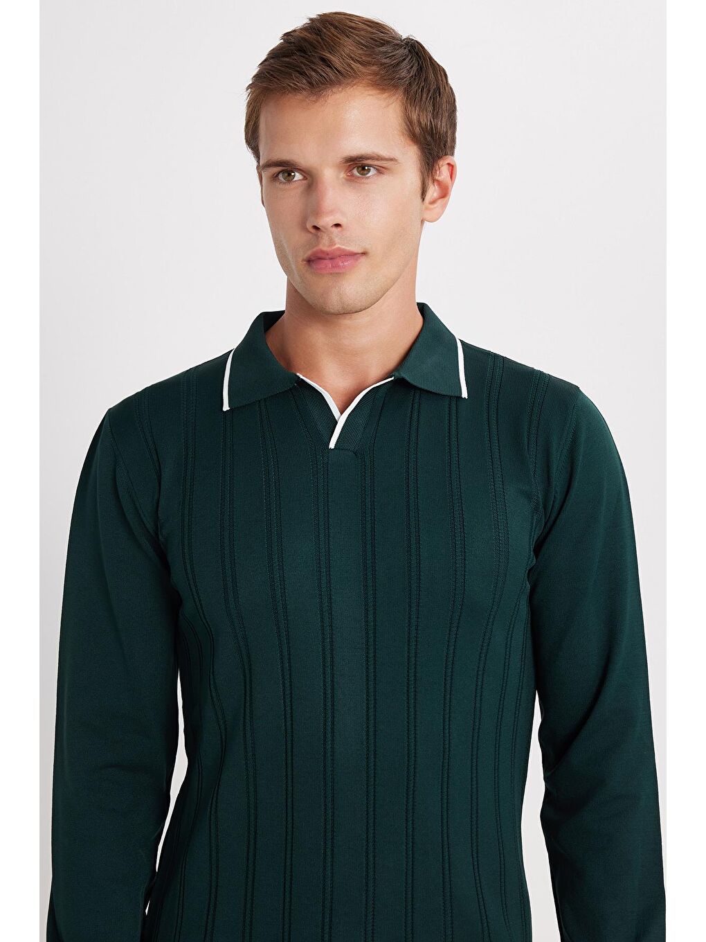 Erkek Slim Fit Dar Kesim Çizgi Detaylı Yeşil Polo Yaka Kazak-1