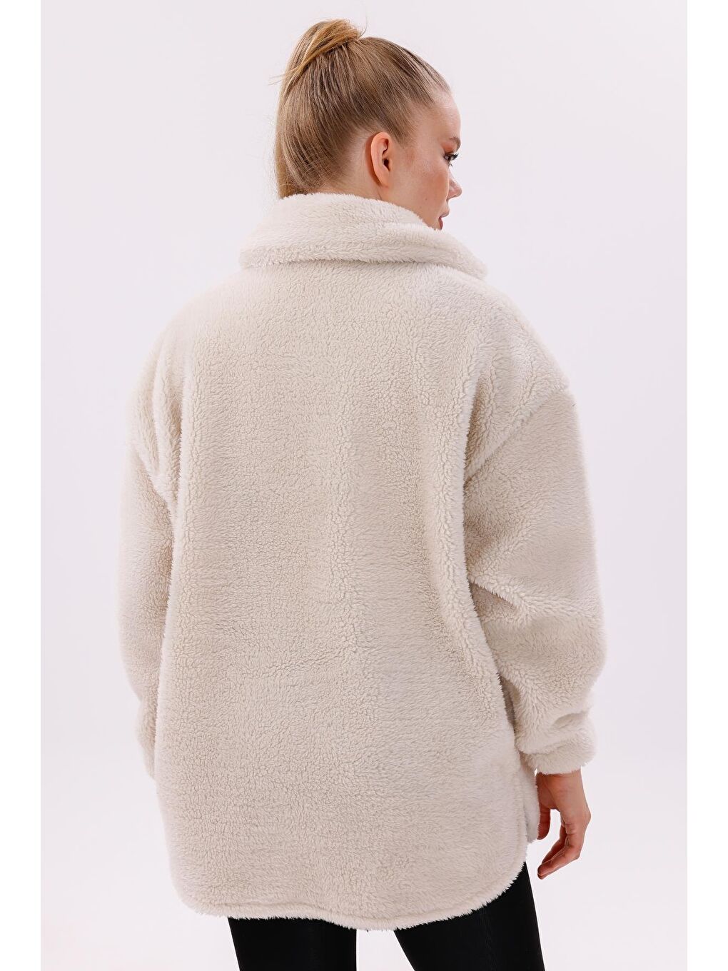Ekru Kadın Pelüş Rüzgar Geçirmez Welsoft Çift Kışlık Mont Kaban-5
