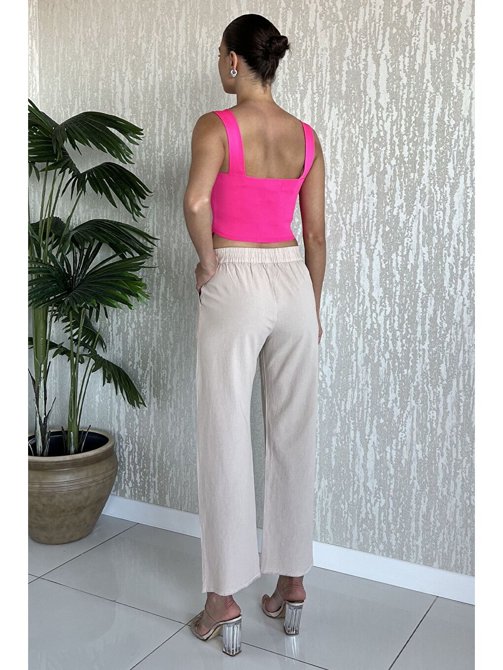 Bej Bel Lastikli Paça Püsküllü Kadın Keten Pantolon-2