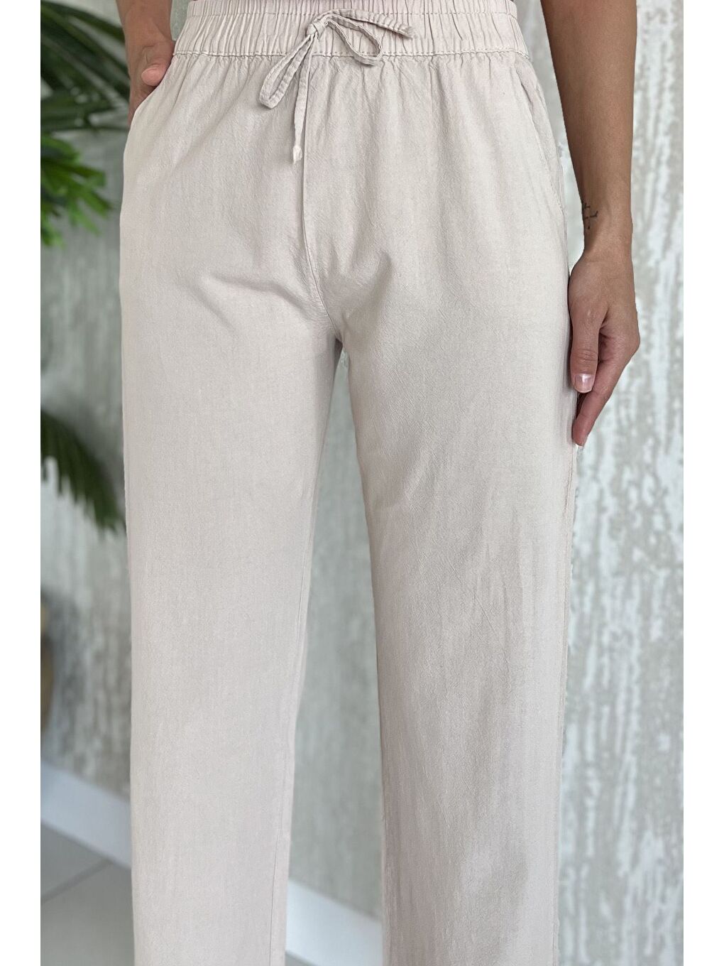 Bej Bel Lastikli Paça Püsküllü Kadın Keten Pantolon-3
