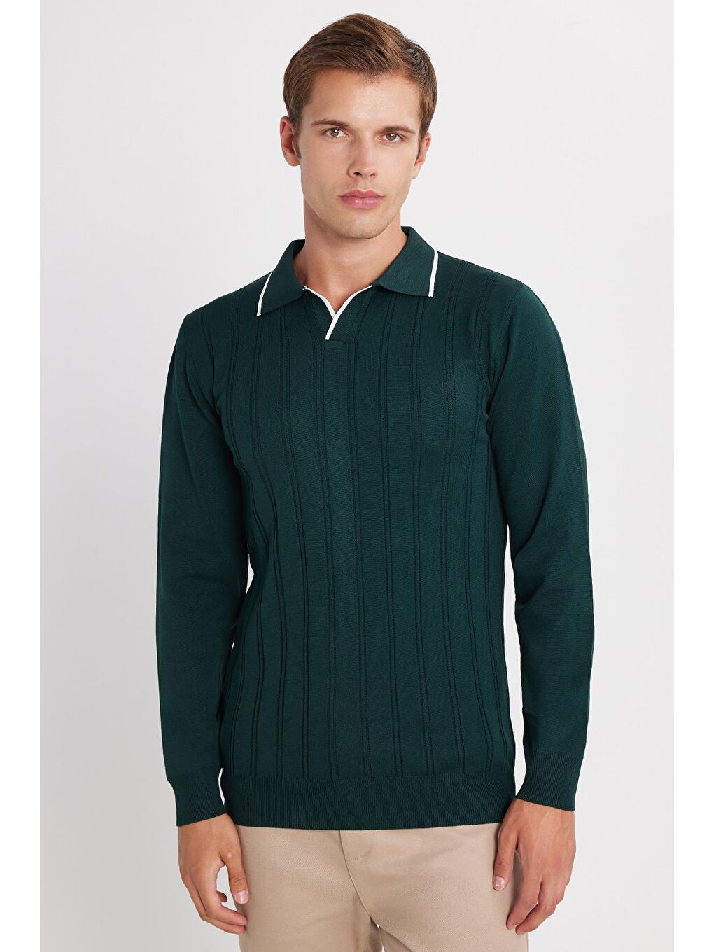 Erkek Slim Fit Dar Kesim Çizgi Detaylı Yeşil Polo Yaka Kazak-3