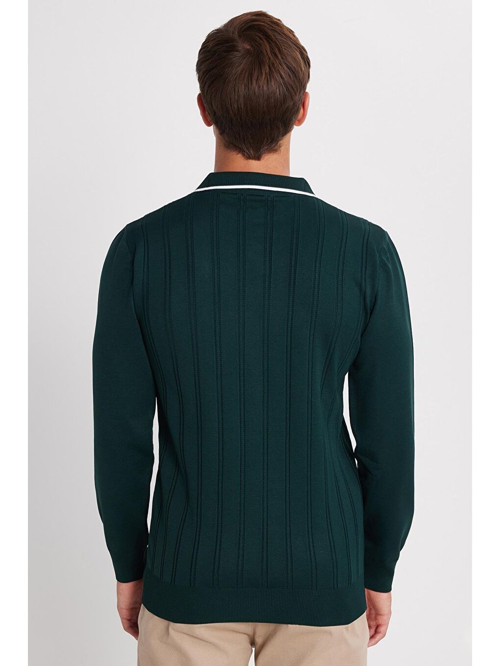 Erkek Slim Fit Dar Kesim Çizgi Detaylı Yeşil Polo Yaka Kazak-4