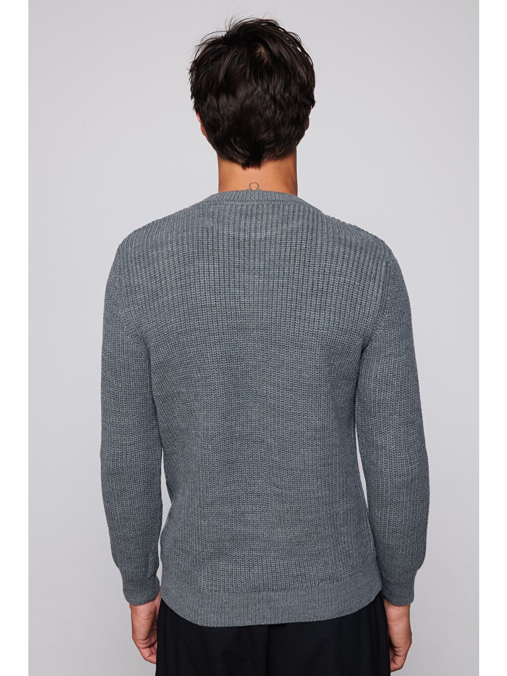 Erkek Slim Fit Bisiklet Yaka Desenli Gri Triko Kazak-4