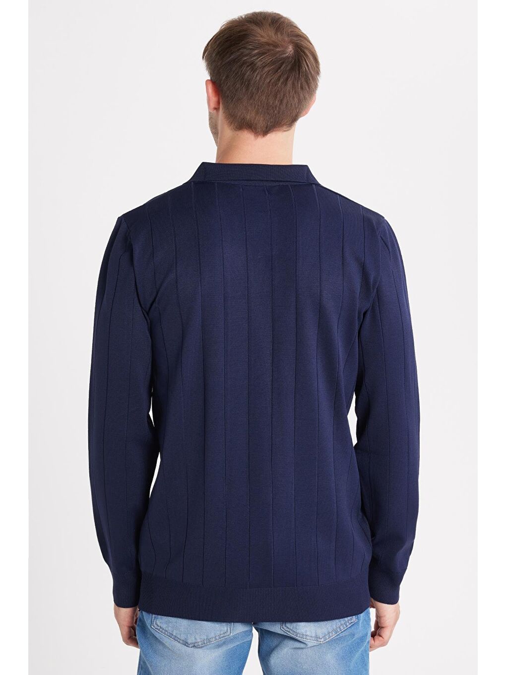 Erkek Slim Fit Dar Kesim Uzun Kol Polo Yaka Çizgili Lacivert Kazak-4