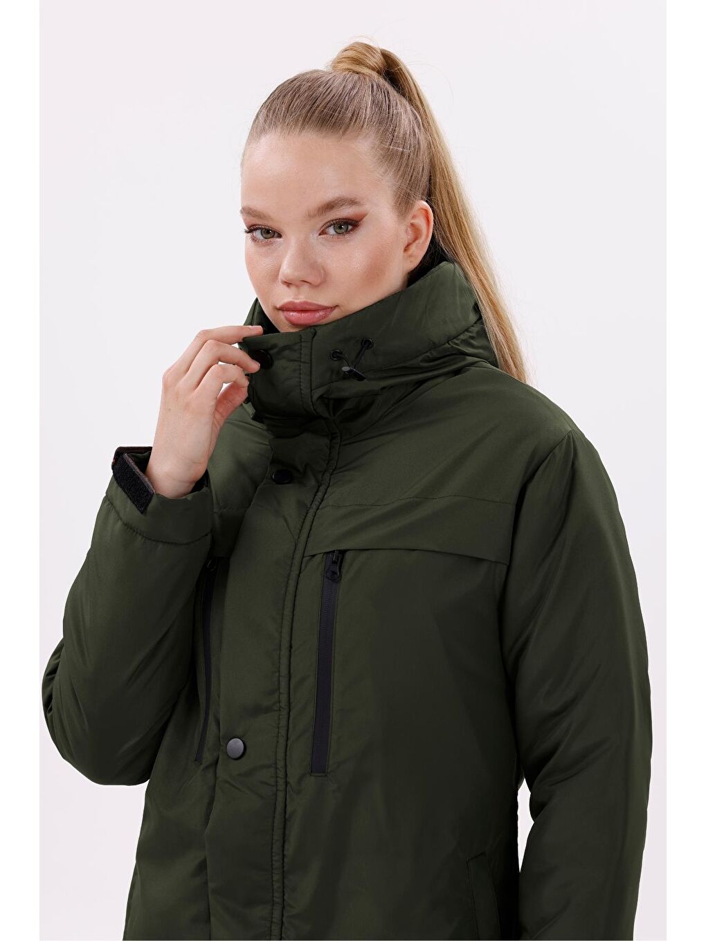 Haki Kadın Polarlı Kürklü Su Ve Rüzgar Geçirmez Kapüşonlu Kışlık Mont & Kaban & Parka-1