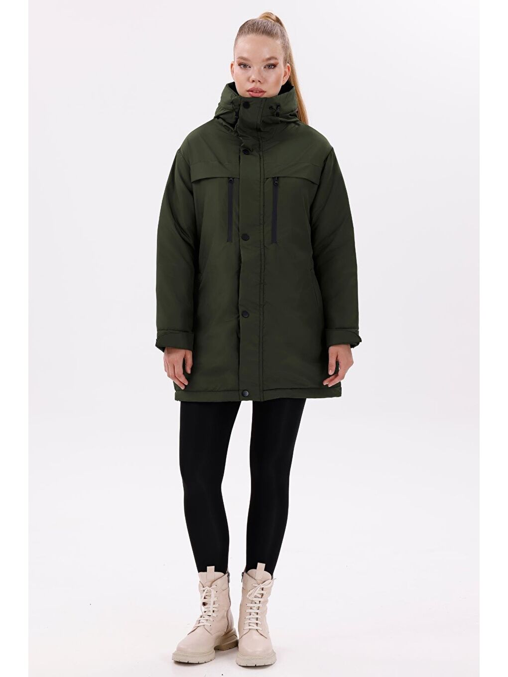Haki Kadın Polarlı Kürklü Su Ve Rüzgar Geçirmez Kapüşonlu Kışlık Mont & Kaban & Parka-2