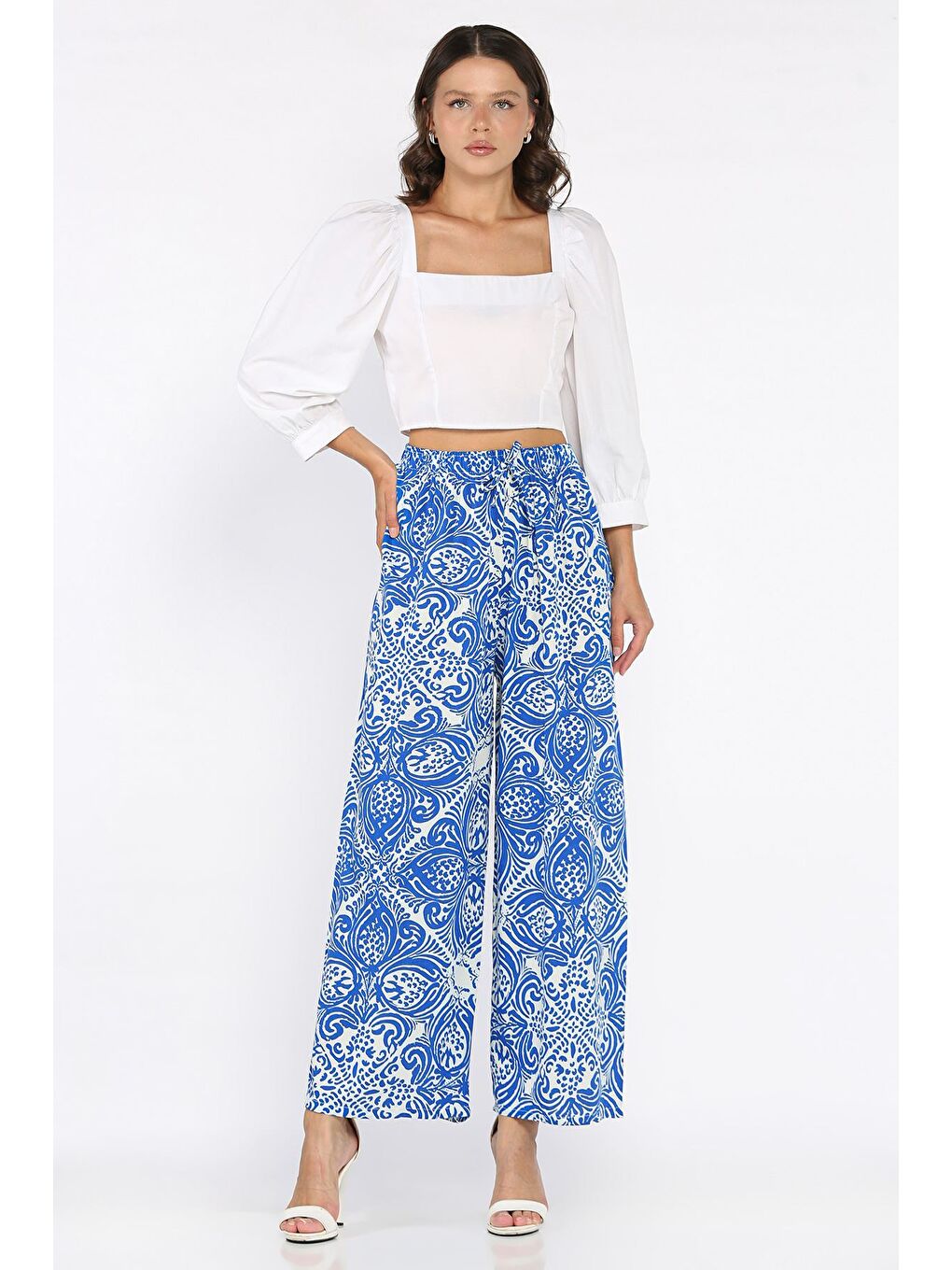 Mavi Kadın Bel Lastikli Desenli Viskon Yürüyüş Pantolonu